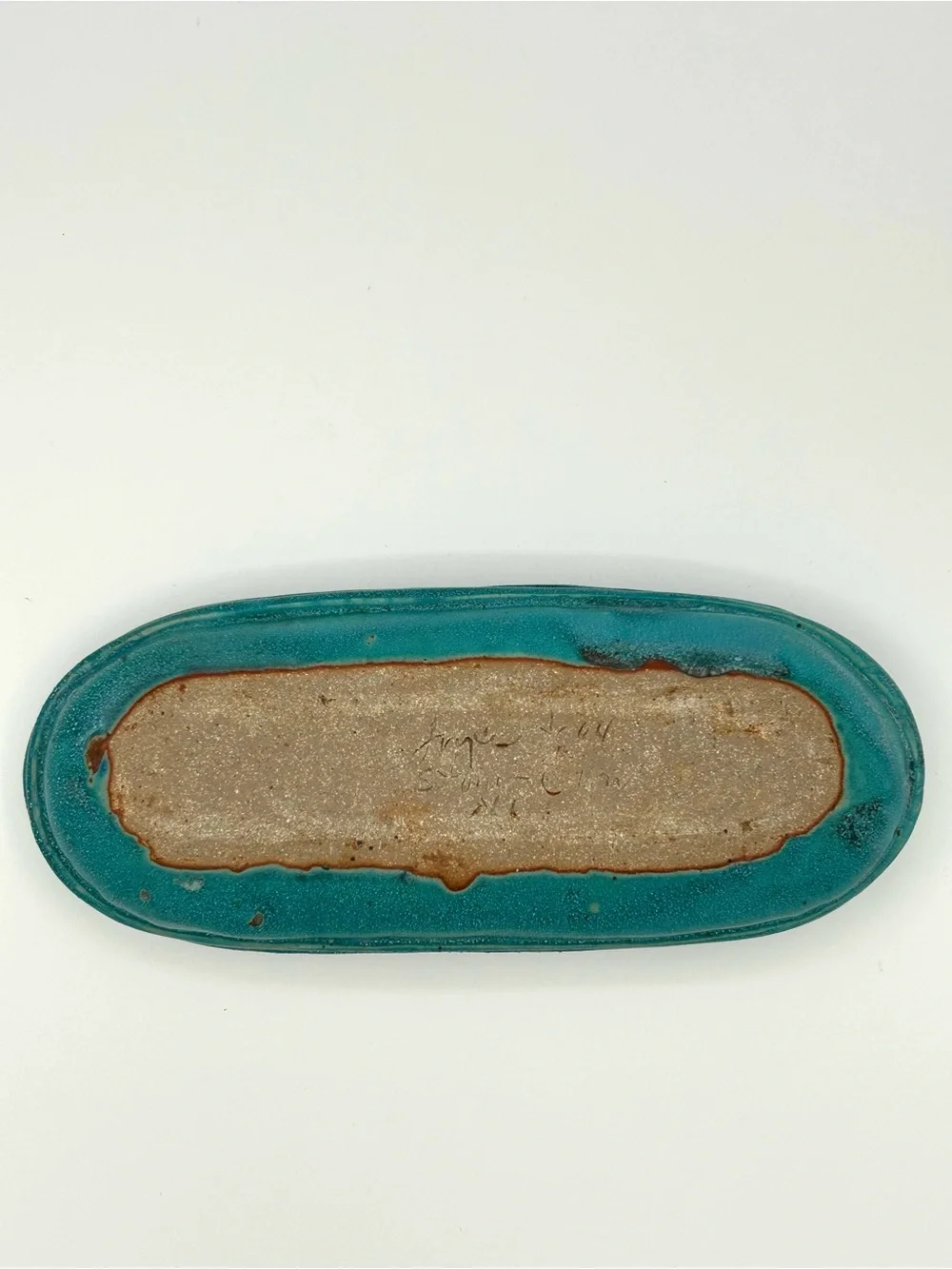 Studio Pottery Oval Serving Tray Trinket Dish Blue Gray Signed Decorative Scene